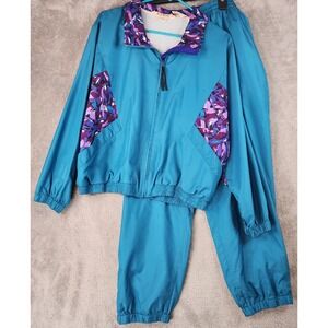 LL Bean Tracksuit Womens 18P Teal Purple Windbreaker Joggers Set 90s Vintage